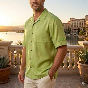 Tommy Bahama 100% Silk Camp Shirt Lobster Palm Jacquard "Lake Las Vegas" Green